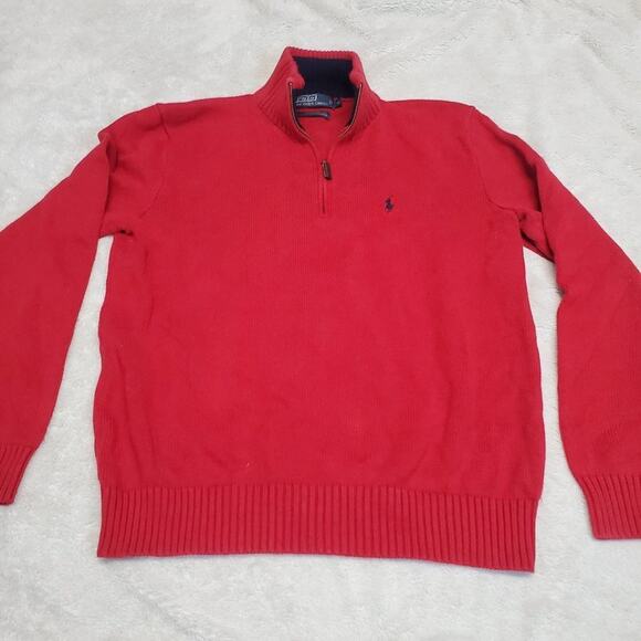 Polo Ralph Lauren Red 1/4 Zip Up Mockneck Knit Blue Pony Pullover Sweater Men M - Picture 1 of 6